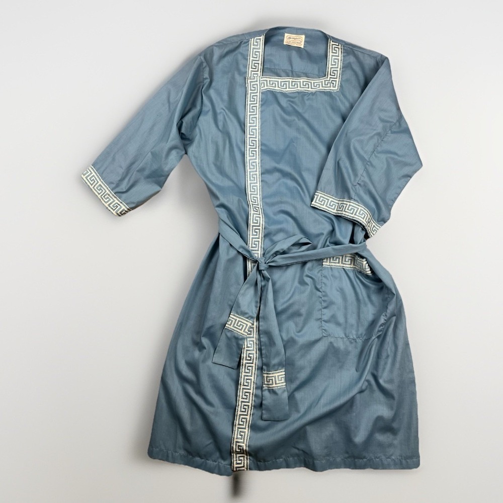 Vtg Pleetway Robe Women's OSFA Blue White MCM Belted 60s 70s‎ Greek Key Meander